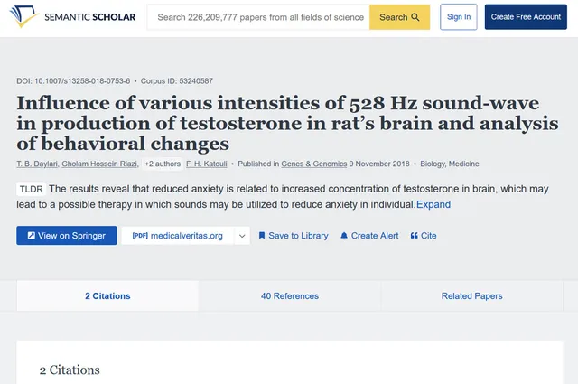 Study on 528 Hz sound-wave intensity and testosterone production in rat brain
