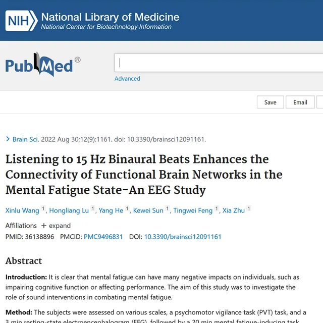 PubMed study on 15 Hz binaural beats and functional brain connectivity under mental fatigue